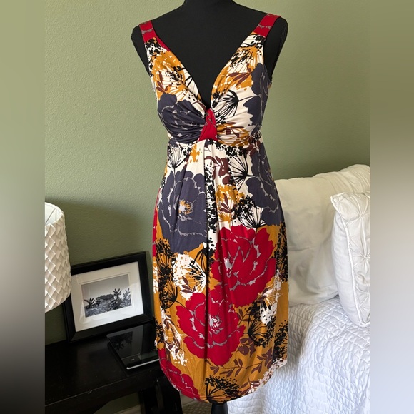 Yoana Baraschi Dresses & Skirts - Yoana Baraschi Sz Small Halter Floral Red Blue Gold midi dress deep v-neck belt